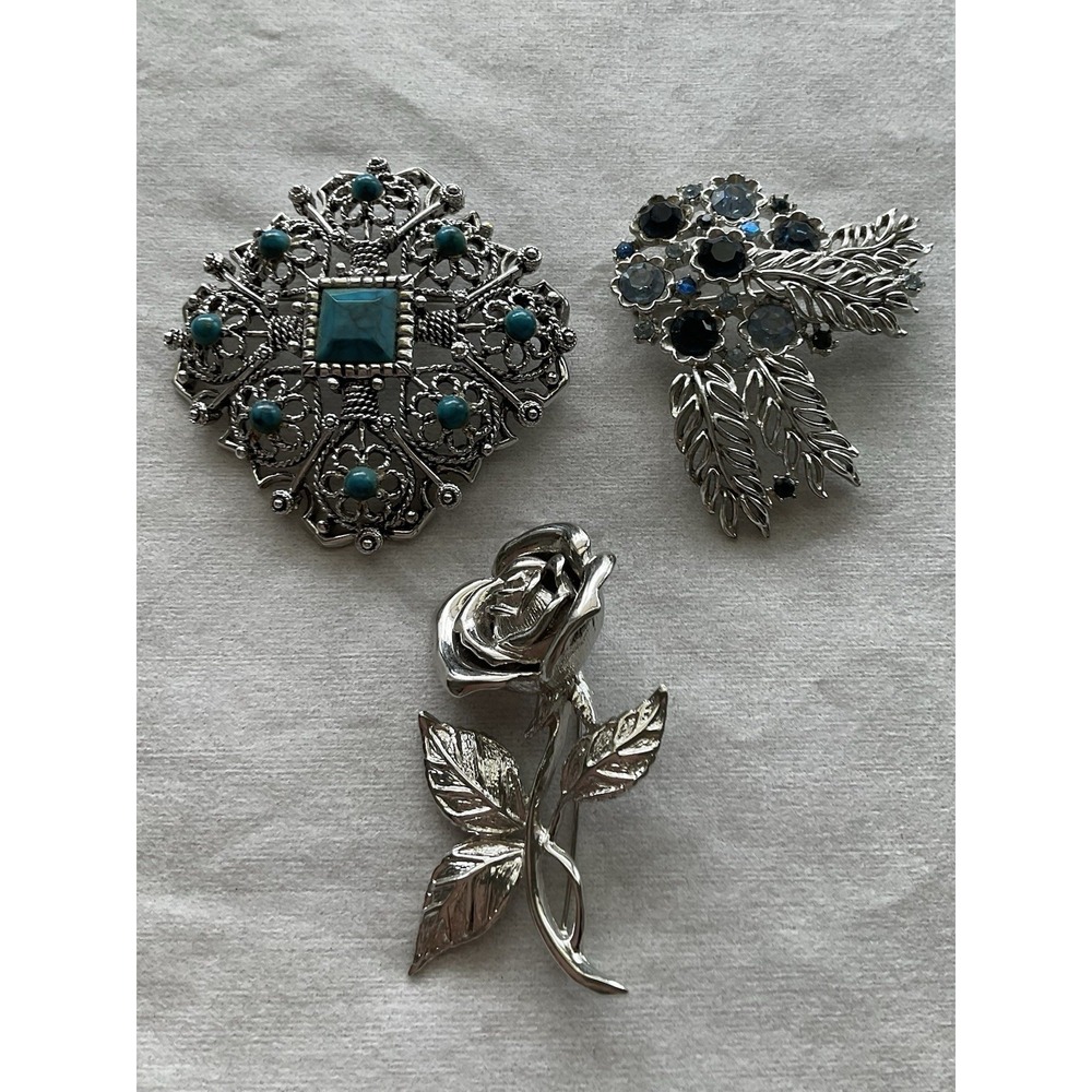 Lot Of 3 Vintage To Modern Silver Tone Brooch Pins Rose Estate Jewelry